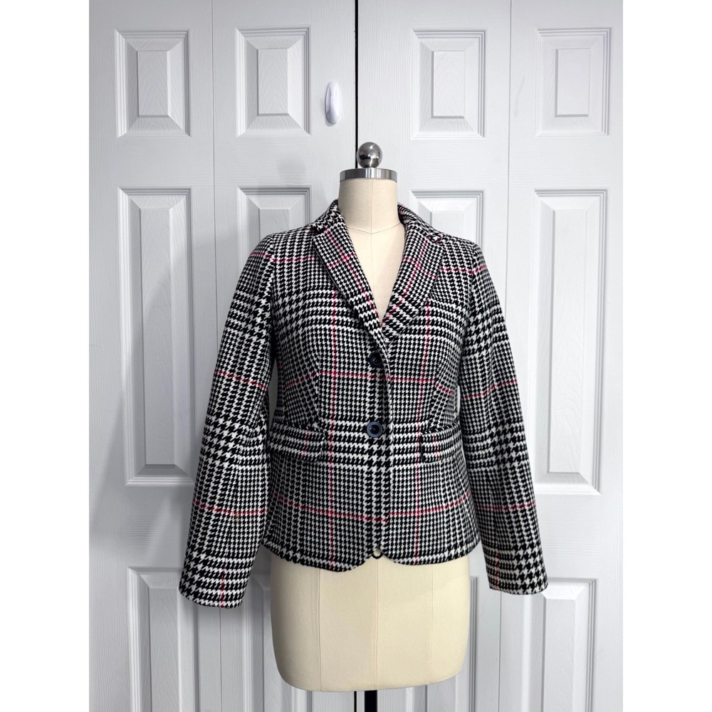 Talbots Plaid Wool Blend Blazer Women 2 Petite Black White Long Sleeve Classic